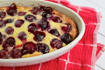 Homemade Cherry Clafoutis on baking dish