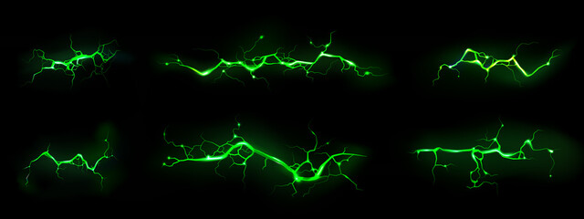 Lightnings, thunderbolt strikes isolated on black background. Vector realistic set of horizontal ground cracks with magic green glow. Electric impact, sparking discharge of thunderstorm at night