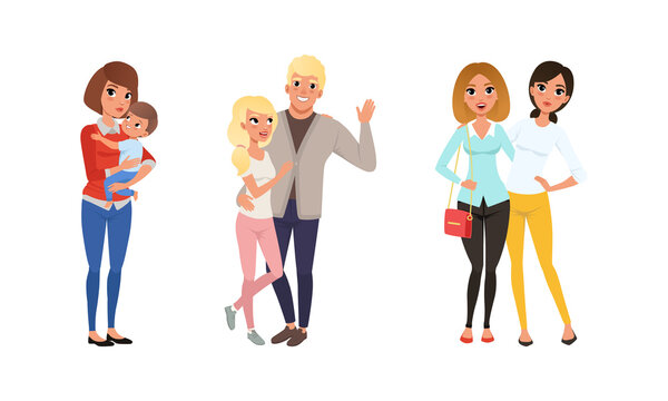 Happy People Standing Together and Hugging Set, Romantic Partners, Best Friends, Mom and Kid Embracing with Smiling Faces Cartoon Vector Illustration