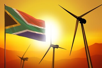 South Africa wind energy, alternative energy environment concept with wind turbines and flag on sunset industrial illustration - renewable alternative energy, 3D illustration