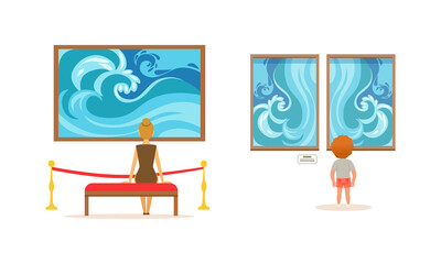 Back View of People Looking at Paintings at Exhibition, Visitors Viewing Exhibits at Art Gallery or Museum Cartoon Vector Illustration