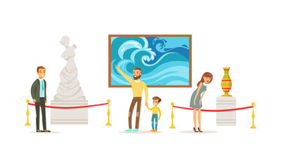 People Admiring Sculptures and Paintings at Exhibition, Visitors Viewing Exhibits at Art Gallery or Museum Cartoon Vector Illustration