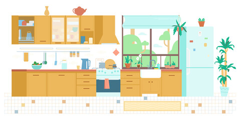 Kitchen Interior Background Flat Vector Illustration. Wooden Furniture, Window, Plants, Stove, Utensils, Fridge, Shelfs, Sink.