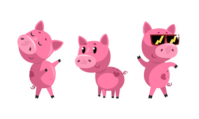 Set of Funny Piglet in Action, Cute Humanized Farm Animal Character Cartoon Vector Illustration