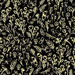 Floral seamless background pattern. Wild flowers and buterlies hand drawn, vector. Spring summer. Fabric swatch, textile design, wrapping