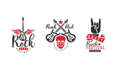 Rock Fest Music Festival Logo Templates Set, Heavy Rock Club Retro Badges Vector Illustration