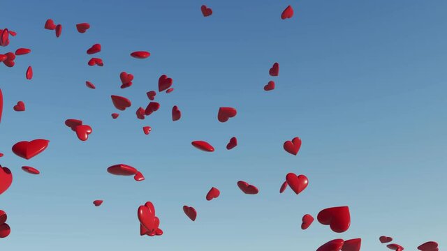 Wedding anniversary and valentines day greeting video design pattern, falling lovely red 3d hearts. Love rain. Festive backdrop design.