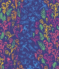 Floral seamless background pattern. Wild flowers and buterlies hand drawn, vector. Spring summer. Fabric swatch, textile design, wrapping