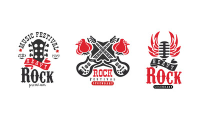 Rock Music Festival Logo Templates Set, Heavy Rock Retro Badges Vector Illustration