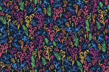 Floral seamless background pattern. Wild flowers and buterlies hand drawn, vector. Spring summer. Fabric swatch, textile design, wrapping