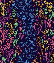 Floral seamless background pattern. Wild flowers and buterlies hand drawn, vector. Spring summer. Fabric swatch, textile design, wrapping