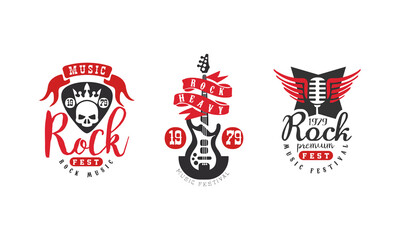 Rock Music Festival Logo Templates Set, Musical Event Retro Badges Vector Illustration