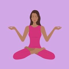 Obraz na płótnie Canvas Vector illustration of a meditating woman on a plain background. Mental health, body positive, woman strength. Illustration for yoga woman in pink clothes on a lilac background