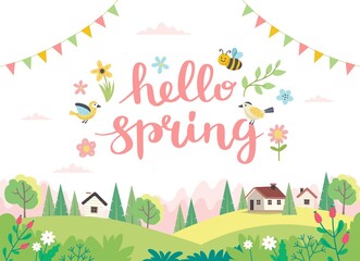 Hello spring card with lettering and cute landscape. Hand drawn flat cartoon. Vector illustration