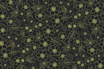 Floral seamless background pattern with different flowers and leaves. Botanical illustration  hand drawn. Textile print, fabric swatch, wrapping paper.
