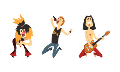 Rock Band Musicians Playing Guitar and Singing Set, Rock Stars Characters, Singer and Guitarists Cartoon Vector Illustratio