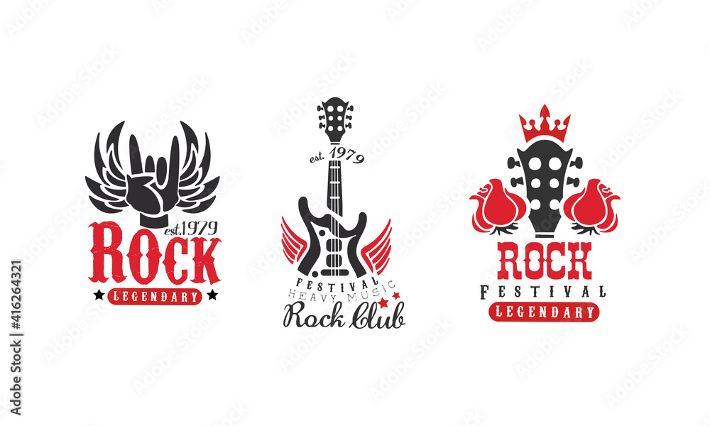 Sticker Rock Fest Music Festival Logo Templates Set, Legendary Heavy Rock Retro Badges Red and Black Vector Illustration