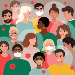 Crowds of people - in masks and without, vaccinated and unvaccinated. The importance of vaccination to control coronavirus. Stop Covid-19 concept. Vector illustration in flat style
