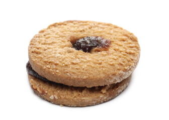 Cookie with cherry jam, fruit marmalade filled biscuit bitten in half isolated on white background