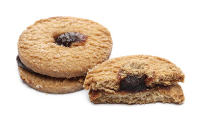 Cookies with cherry jam, fruit marmalade filled biscuits isolated on white background