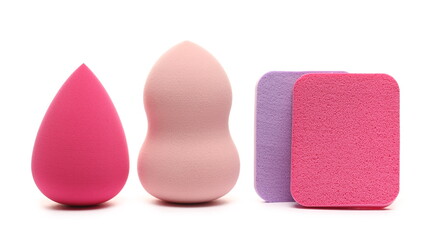 Beauty blender pile, colorful cosmetic makeup applicator sponge tools set isolated on white background