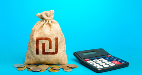 Israeli shekel money bag and calculator. Accounting concept. Analysis of loan selection. Income and...