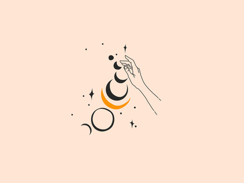Hand drawn vector abstract stock flat graphic illustration with logo elements ,woman fashion magic line art hands touch moonand stars in simple style for branding ,isolated on color background