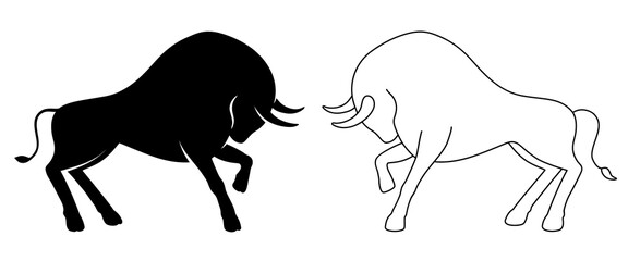 Black and white strong wild Bulls. Solid fill and outline image. Symbol of 2021 year. Stylized standing and butting up oxes. Isolated on white background. Vector illustration.