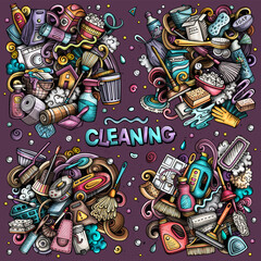 Cleaning cartoon vector doodle designs set.