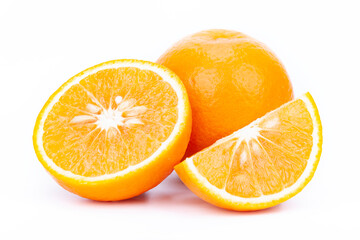 Whole, half and quarter of orange on white background, isolated