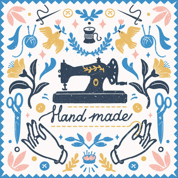 Handmade symmetric vector composition - vintage elements in stamp style and sewing machine with hand made lettering. Vintage vector illustration for banners and cards.