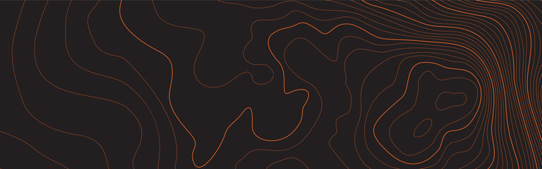 The stylized height of the topographic contour in lines and contours. The concept of a conditional geography scheme and the terrain path. Dark on black. Ultra wide size. Vector illustration.