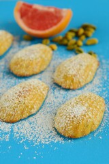 Pistachio grapefruit Madeleine with powdered sugar on blue background