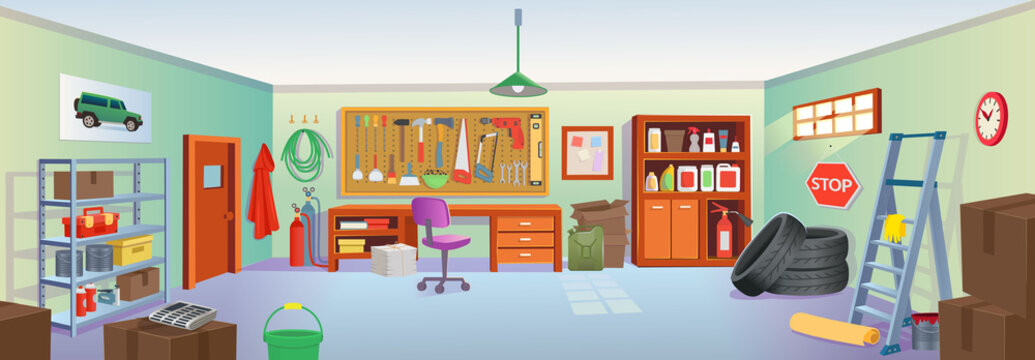Garage or basement interior with tools, table, shelves, stepladder, boxes, tires.Vector cartoon game and mobile applications background.