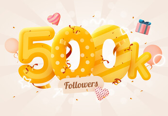 500k or 500000 followers thank you Pink heart, golden confetti and neon signs. Social Network friends, followers, Web user Thank you celebrate of subscribers or followers and likes.