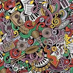 Obraz na płótnie Canvas Music hand drawn doodles seamless pattern. Musical instruments background.