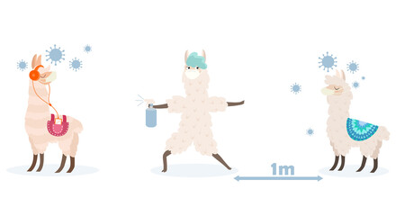 A cartoon llama wearing a mask with antiseptic fighting the Covid-19 coronavirus disease. Vector illustration.