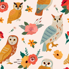 Vector seamless owl floral pattern. Vintage background for wallpaper, fabric, digital paper.