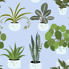 Seamless pattern with houseplants in pots. Vector illustration.