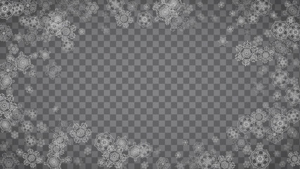 Isolated snowflakes on transparent grey background. Silver glitter snow. Horizontal Christmas and New Year design for party invitation, banner, sale. Winter window. Magic crystal isolated snowflakes