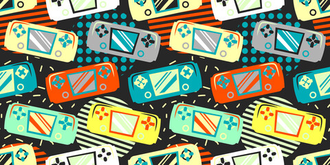 Seamless bright pattern with joysticks. Video game controller gaming cool print for boys and girls. Print for textiles, sportswear.