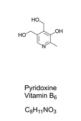Pyridoxine, vitamin B6, chemical formula and skeletal structure. A form of vitamin B6, found in food and used as dietary supplement. Also pyridoxol or pyridoxine hydrochloride. Illustration. Vector.
