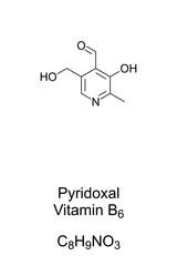 Pyridoxal, vitamin B6, chemical formula and skeletal structure. A form of vitamin B6, also known as pyridoxaldehyde. Some medically relevant bacteria require pyridoxal for growth. Illustration. Vector