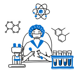 Scientists are experimenting. hand-drawn style of vector design illustrations. Vector linear illustration of a doctor, laboratory assistant. doodle style. injection, medicine. coronavirus, vaccine