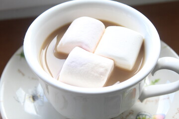 cup of coffee with marshmallow. mug of cappuccino