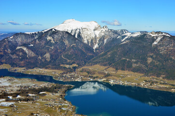 View from the Bleckwand to the Wolfgangsee in winter, Gmunden district, Salzkammergut, Upper...