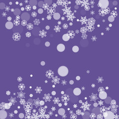 Falling snow with ultraviolet snowflakes. New Year frosty backdrop. Winter frame for flyer, gift card, invitation, business offer and ad. Christmas trendy background. Holiday banner with falling snow