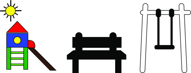 Black and white template icon. flat vector design, swing, chair, slide. can be filled in color