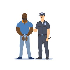 Arresting the criminal. Police officer in uniform holding male criminal in handcuffs. Vector illustration.