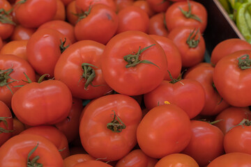 Delicious red tomatoes. Summer tray market agriculture farm full of organic vegetables It can be used as background.